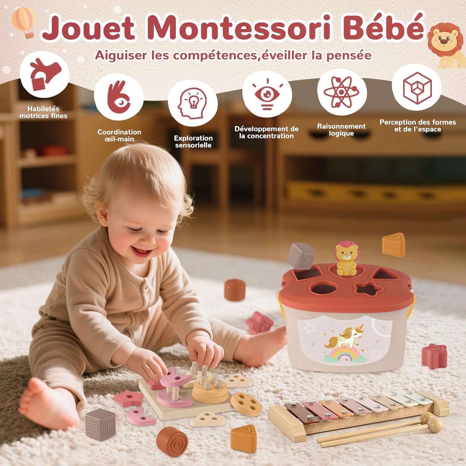 Jouet Bebe 6 Mois, 5-en-1 Jouet Montessori Bébé 6-12 Mois - Jeux d'eveil Bebe 6-12 Mois avec Xylophone en Bois, Cubes à Empiler et Trieur de Formes,Jouet Sensoriel Cadeau Bebe Éducatif 5 IN 1 Rose