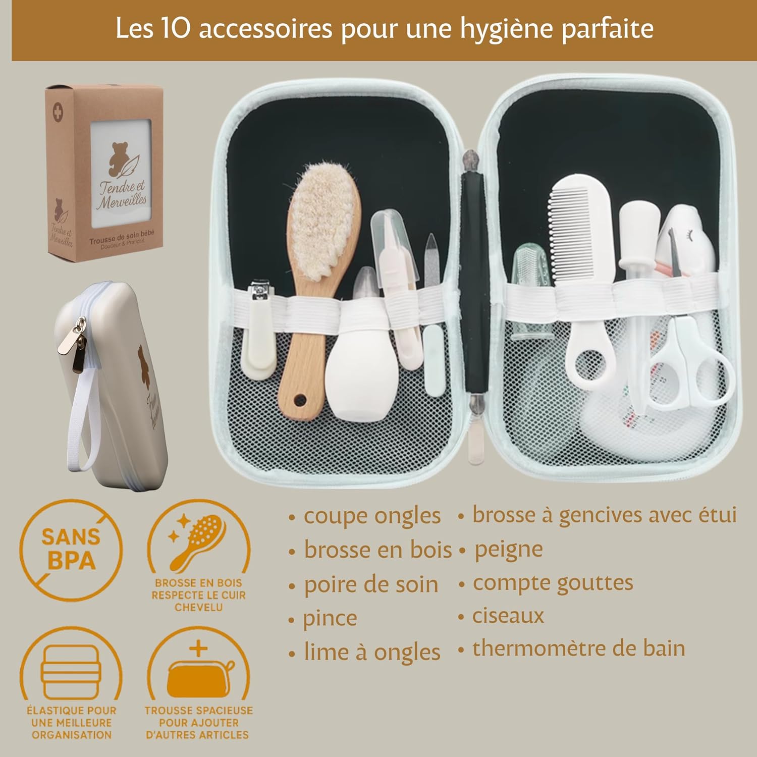 Trousse de Soin Bébé - kit complet indispensable 10 accessoires sans BPA - Brosse en bois, Cadeau de Naissance - Tendre et Merveilles