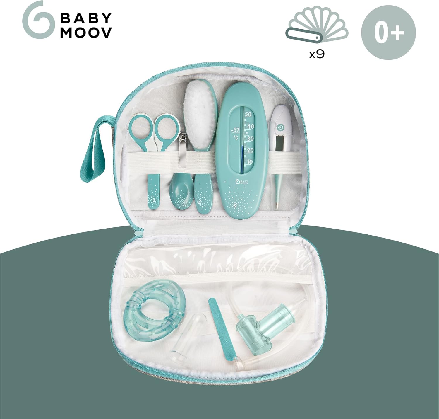 Trousse de Soin Bébé - Dès la naissance - Grand Format - Kit Complet 9 Accessoires dont Brosse à Cheveux, Thermomètre digital, Thermomètre de bain, Coupe Ongles - Garantie à vie Aqua