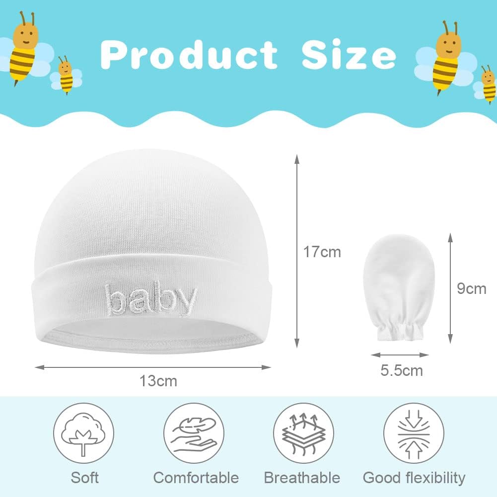 Bonnets de Naissance et Moufles de Protection Coton de Haute Qualité, Bébés 0-6 Mois, Unisex, Blanc, Béret, Uni, Protection Solaires, Lavage à la Main, Enfants Taille unique Blanc