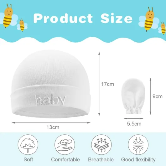 Bonnets de Naissance et Moufles de Protection Coton de Haute Qualité, Bébés 0-6 Mois, Unisex, Blanc, Béret, Uni, Protection Solaires, Lavage à la Main, Enfants Taille unique Blanc