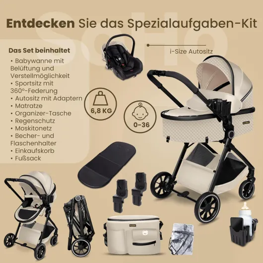 SoHo poussette combinée 3-en-1 avec siège auto i-Size, certifiée TÜV, nacelle, poussette, ultra légère (env - 7 kg), habillage pluie, moustiquaire, sac à langer, panier et porte-gobelet S3 Beige / Noir