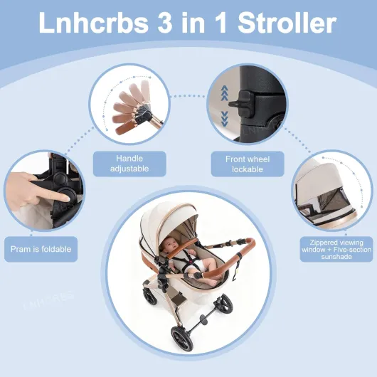 Poussette 3 en 1 avec Nacelle, Poussette de Voyage's Nacelle est Pliable, Trio Poignée est Réglable, les Roues sont en Matériau PU, pour Enfant de la Naissance à 3 Ans,Beige 11-V8-Check pattern Beige 11-V8-Check pattern 0-3 Ans