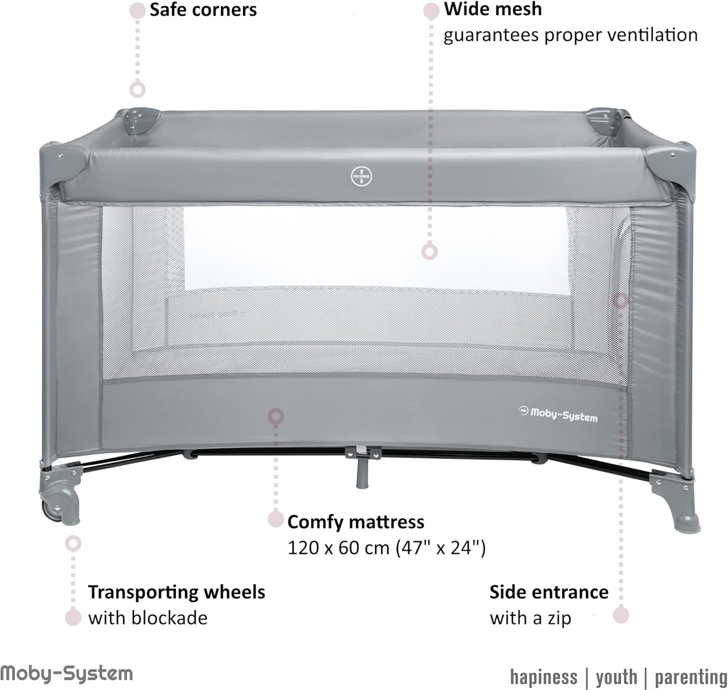 Moby-System Lit Parapluie Bébé 2 Niveaux – Lit de Voyage Compact 60x120 cm avec Matelas Pliable, Ouverture Latérale & Roulettes – Parc Bébé Pliable Confortable et Facile à Transporter Basic