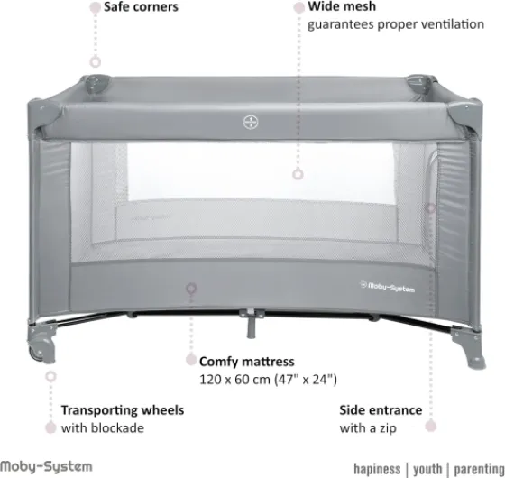 Moby-System Lit Parapluie Bébé 2 Niveaux – Lit de Voyage Compact 60x120 cm avec Matelas Pliable, Ouverture Latérale & Roulettes – Parc Bébé Pliable Confortable et Facile à Transporter Basic