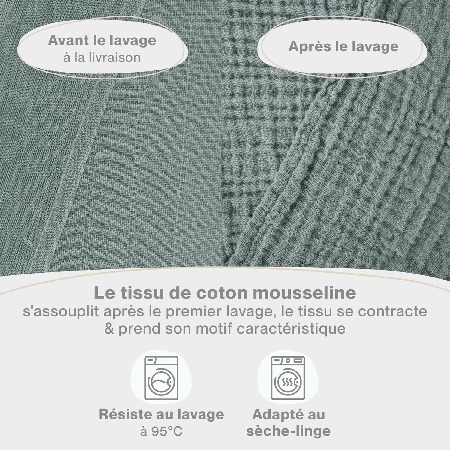 Lot de 5 langes bébé en pur coton - Sans substances nocives - Serviettes mousseline absorbantes - Lavables - Vert Slate Green - Vert 5 Pièces