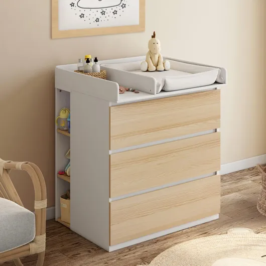 Commode à Langer évolutive Ambre façon hêtre et Blanc 3 tiroirs Table à Langer et 2 étagères Amovibles