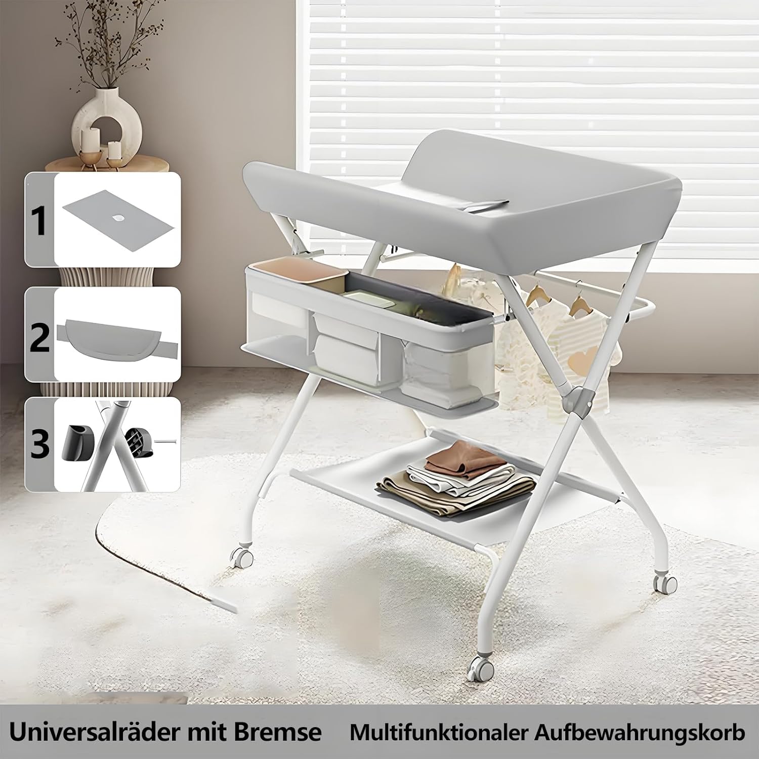 Table à Langer Bébé Pliable Avec Poches Latérales Et Roulettes, 60x80x103 Cm - Plan à Langer Bébé Portable Avec Panier Et Sécurité - Support Jusqu'à 25 Kg Pour Nouveau-Nés, Ergonomique Et Pliable,Gris