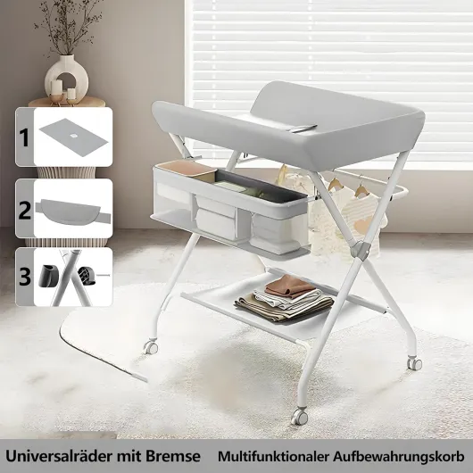 Table à Langer Bébé Pliable Avec Poches Latérales Et Roulettes, 60x80x103 Cm - Plan à Langer Bébé Portable Avec Panier Et Sécurité - Support Jusqu'à 25 Kg Pour Nouveau-Nés, Ergonomique Et Pliable,Gris