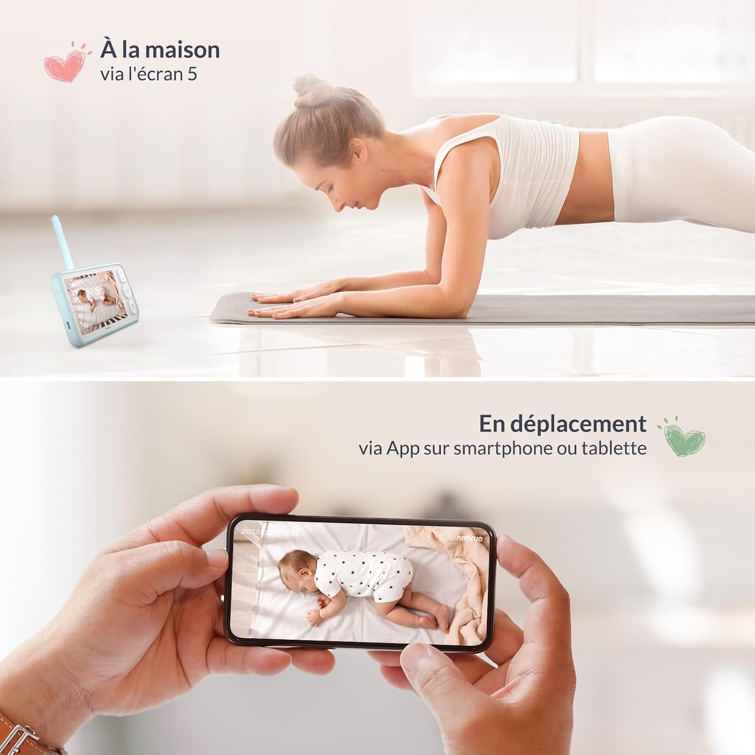 Bleu Babyphone Camera 1080P avec Support 4 en 1, sans Fil 5" Babyphone 5000mAh, sans WiFi Camera Bebe avec App, Vision Nocturne, Audio Bidirectionnel, Détection des Pleurs, Mode VOX