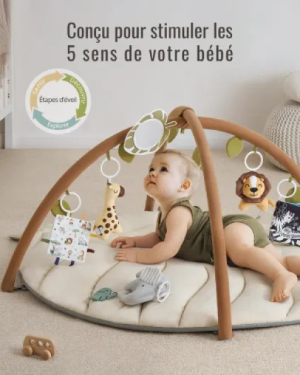 Tapis d'éveil Bébé avec Arche Amovible, Forme des Feuilles Tapis Éveil Bébé 6 Jouets - Développement Sensoriel et Moteur Progressif, Enfant, Fille et Garçon, Beige Avoine