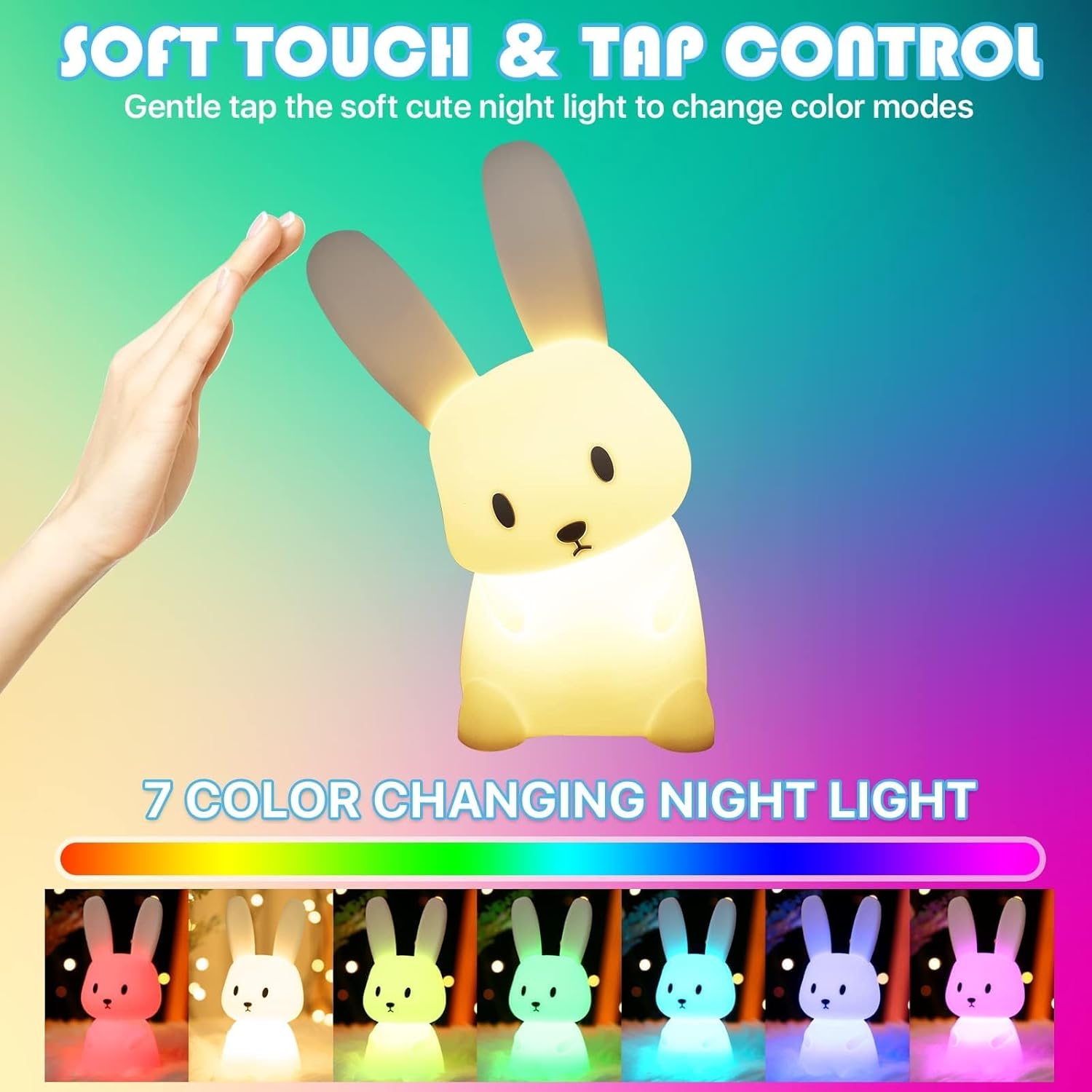 Veilleuse Bebe Bunny Avec 7 Changements de Lumière Contrôle de tap Recharge USB Fonction Minuterie Lampe de Chevet Pour Chambre D'enfant Cadeau Jouet Veilleuse en Silicone Pour Enfant Bunny 1
