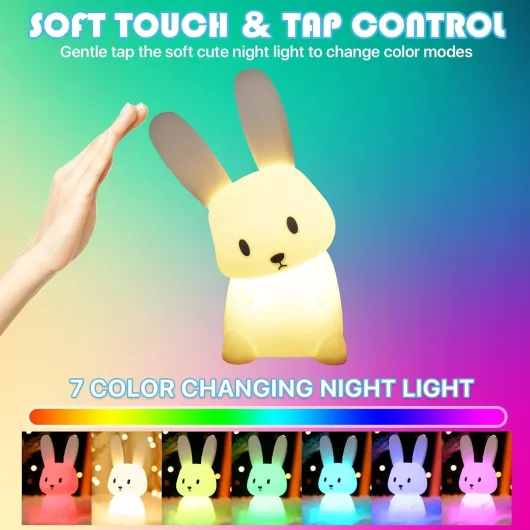 Veilleuse Bebe Bunny Avec 7 Changements de Lumière Contrôle de tap Recharge USB Fonction Minuterie Lampe de Chevet Pour Chambre D'enfant Cadeau Jouet Veilleuse en Silicone Pour Enfant Bunny 1