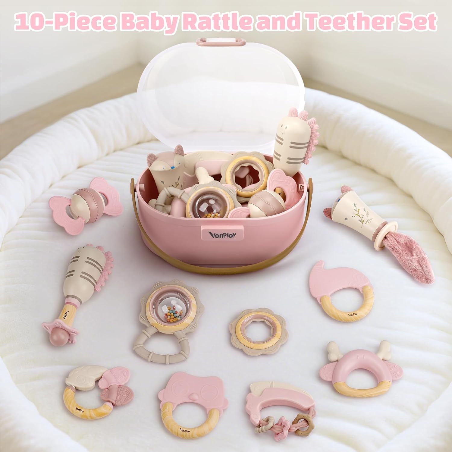 Hochet Bébé 10 Pièces - Jouet de Dentition et d'Eveil pour Garçon et Fille de 0-12 Mois - Cadeau de Naissance Idéal 10 pièces - Rose