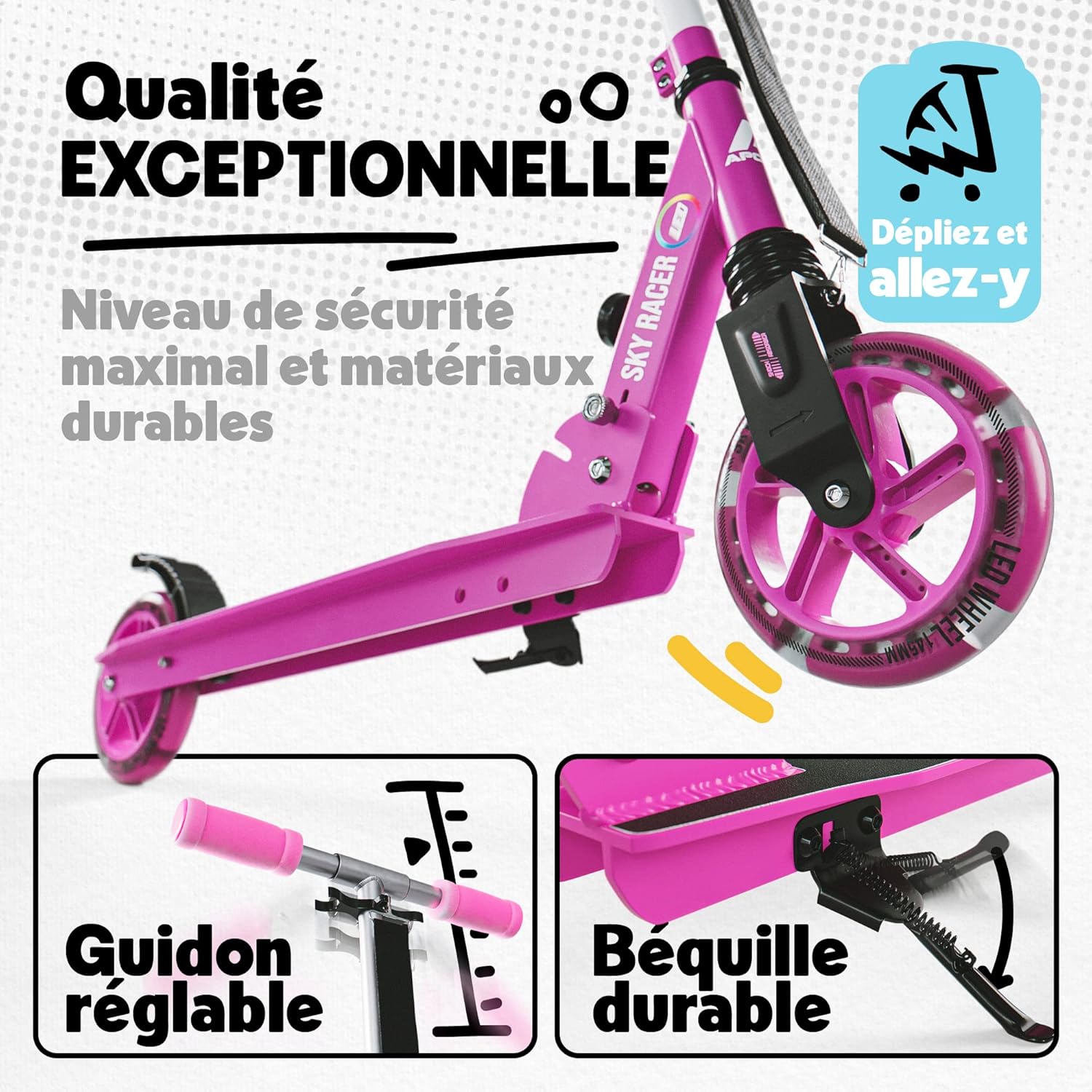 LED Skyracer – Trottinette Urbaine à Suspension avec Roues LED 145 mm, modèle Pliable et réglable en Hauteur pour Enfants et Adolescents, adaptée au Freestyle Rose