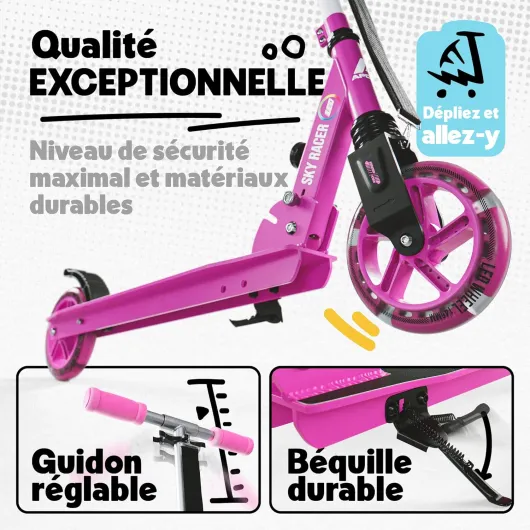 LED Skyracer – Trottinette Urbaine à Suspension avec Roues LED 145 mm, modèle Pliable et réglable en Hauteur pour Enfants et Adolescents, adaptée au Freestyle Rose