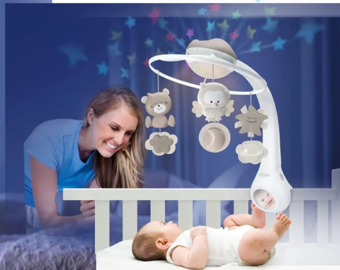 Mobile Musical 3-en-1, Mobile Transformable en Projecteur et en Veilleuse avec Mode Réveil, 6 Mélodies Intégrées et 4 Sons Nature, Gris Grey