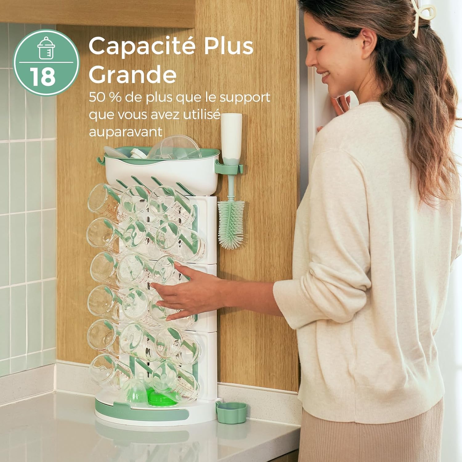Égouttoir Vertical Grande Capacité pour Biberons (18 unités) - Design Modulable Compact avec Porte-Brosse Intégré - Sèche-biberons pour Tétines, Tire-Lait et Accessoires