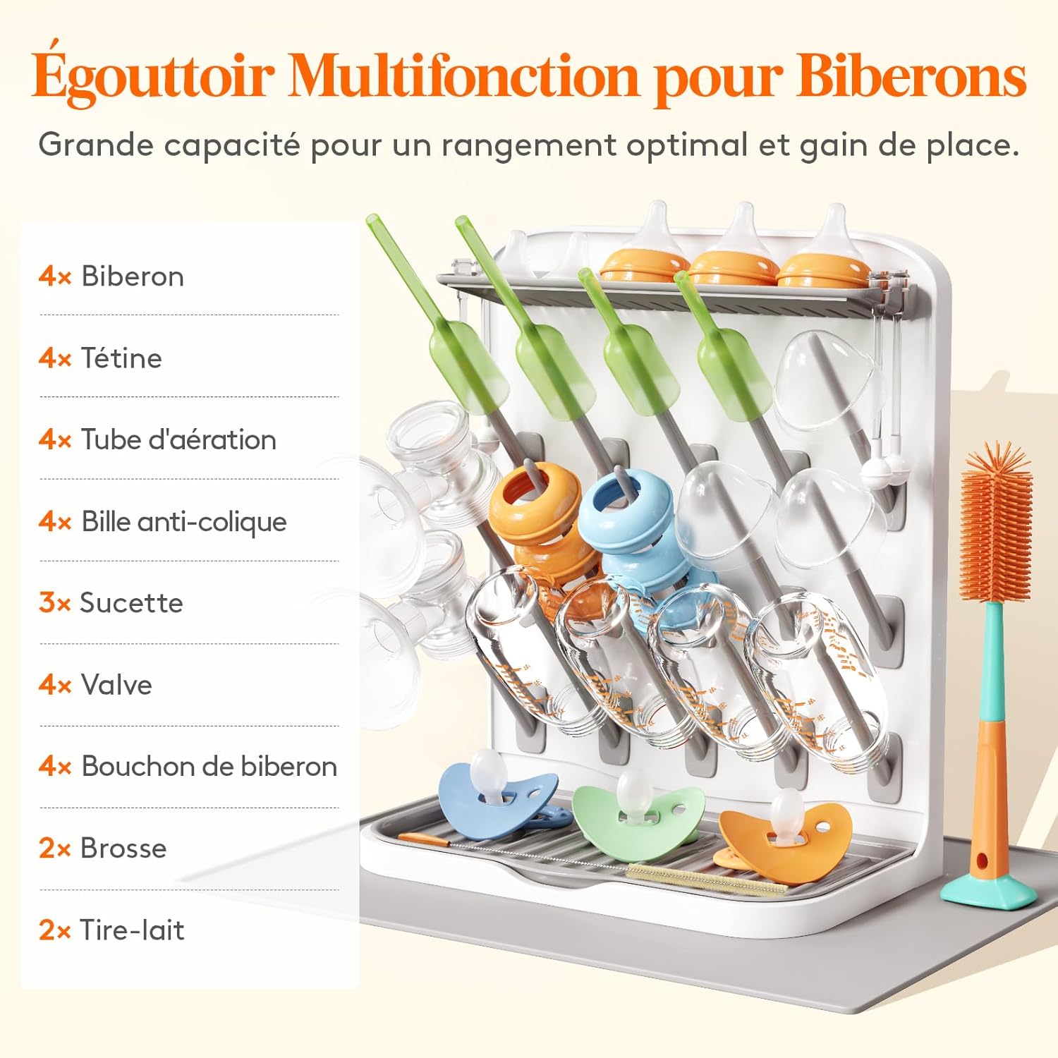 Grand éGouttoir à Biberons avec Tapis de Drainage, éGouttoir Vertical à 15 Crochets avec BoîTe à TéTines Amovible, Adapté Aux Pailles sous Pression et Aux Accessoires de Tire-Lait Avec bac d'égouttement