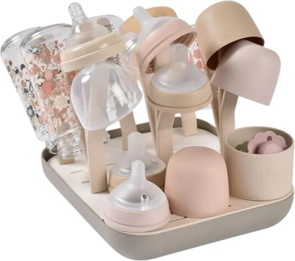 BÉABA, Egoutte-biberons et Séchoir, Grande Capacité, Modulable, Jusqu'à 6 Biberons et Vaisselle Enfant, Pot à Accessoires, Ecoulement Optimisé, Facile à Ranger, Compact, Pratique, Argile