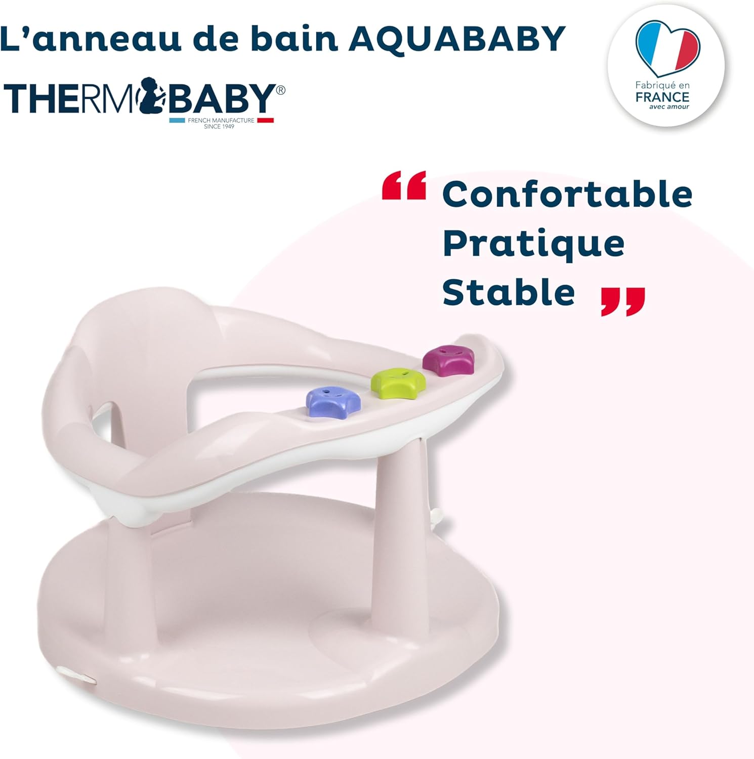 Anneau De Bain Bébé Aquababy - Siège De Bain Confortable, Ludique & Stable - Installation Facile - De 7 à 16 Mois - Fabriqué En France - Rose poudré