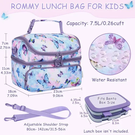 Sac Isotherme Repas Enfant, 2 Compartiments 7,5L Grand Sac Isotherme Enfant Fille Lunch Déjeuner avec Anse Bandoulière Amovible pour École Pique-nique Voyage Papillon