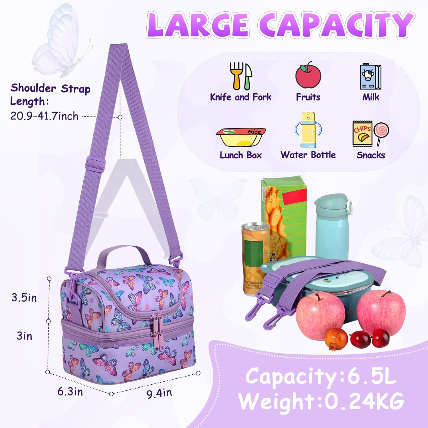 Sac Isotherme Repas Enfants, Sac à Déjeuner léger à double compartiment,Sac à lunch étanche avec Bandoulière Réglable amovible pour École et Pique Nique,Papillons Papillons Violets