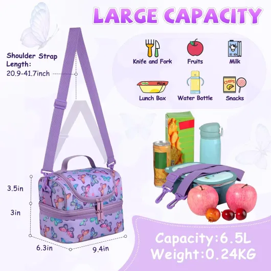 Sac Isotherme Repas Enfants, Sac à Déjeuner léger à double compartiment,Sac à lunch étanche avec Bandoulière Réglable amovible pour École et Pique Nique,Papillons Papillons Violets