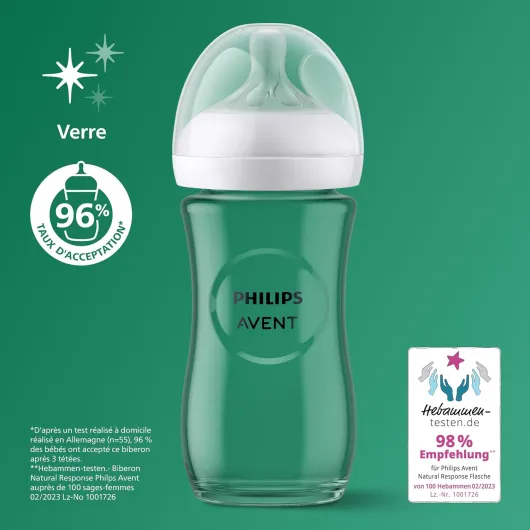 Avent Natural Response - Biberons en verre 240 ml (8 oz) avec tétines à débit moyen (Débit 3), lot de 2, SCY933/02