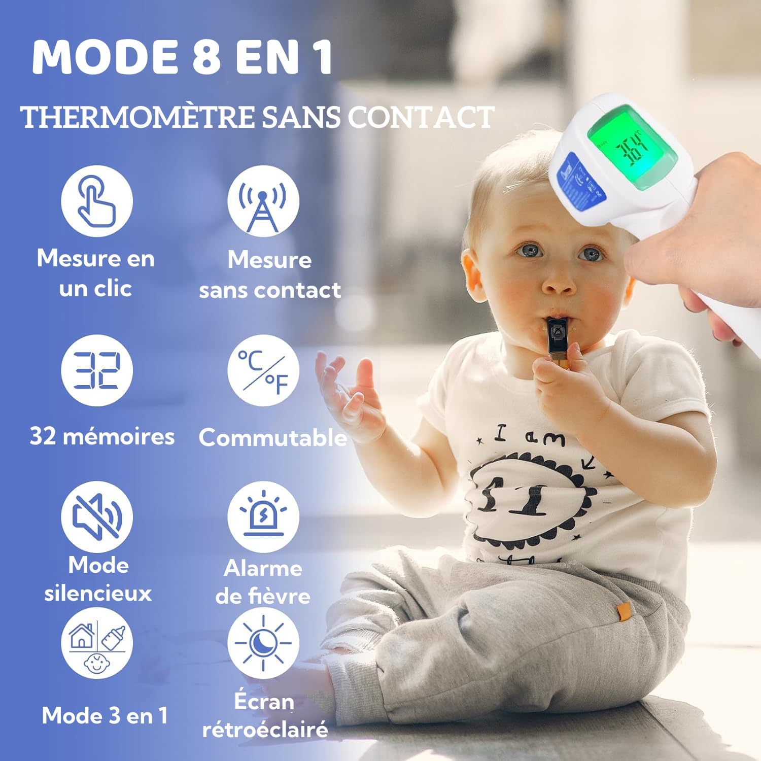 Thermomètre Frontal Adulte et Bébé, Berrcom Thermomètre Médical Infrarouge sans Contac avec Lecture Instantanée, Alarme de Fièvre, Mode Muet, Rappel de Mémoire