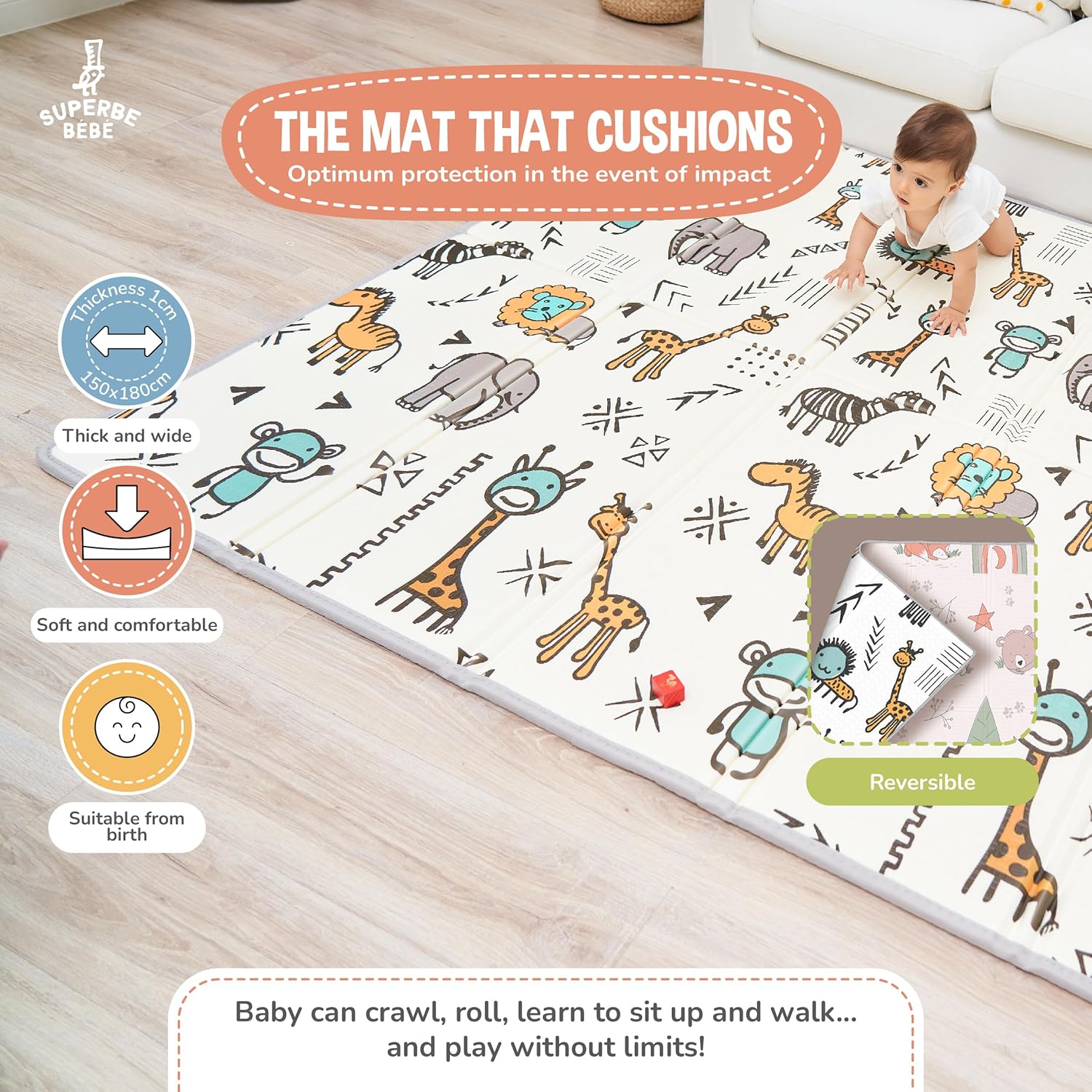 Tapis D'éveil Bébé Pliable Epais Réversible 150x180x1cm - Tapis De Jeu Pour Enfant Bebe - Tapis De Sol XXL En Mousse - Tapis De Motricité Favorisant Le Développement Sensoriel - Cadeau Naissance Bébé 150x180cm Fox-crazi Safari