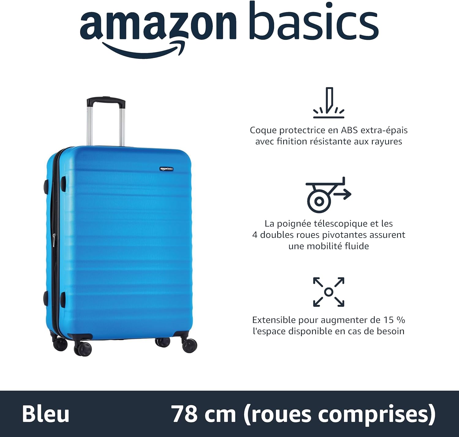 Valise Extensible Rigide - Bagage de Voyage en ABS avec 4 Doubles Roues Rotatives - Structure Légère et Anti-Rayures - 52,6cm x 32,0cm x 78,0cm - Bleu Clair 1 pièce Bleu Clair L