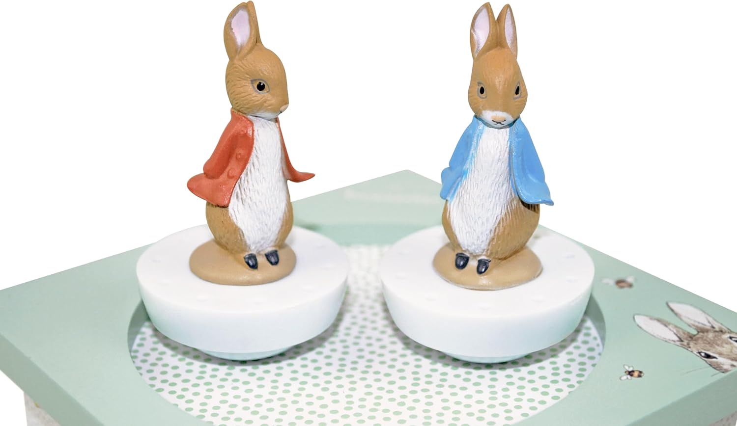 Pierre Lapin Peter Rabbit - Boîte à Musique Bébé Dancing en Bois - 2 Figurines Amovibles - Cadeau Naissance et Bapteme - Musique Menuet de Mozart