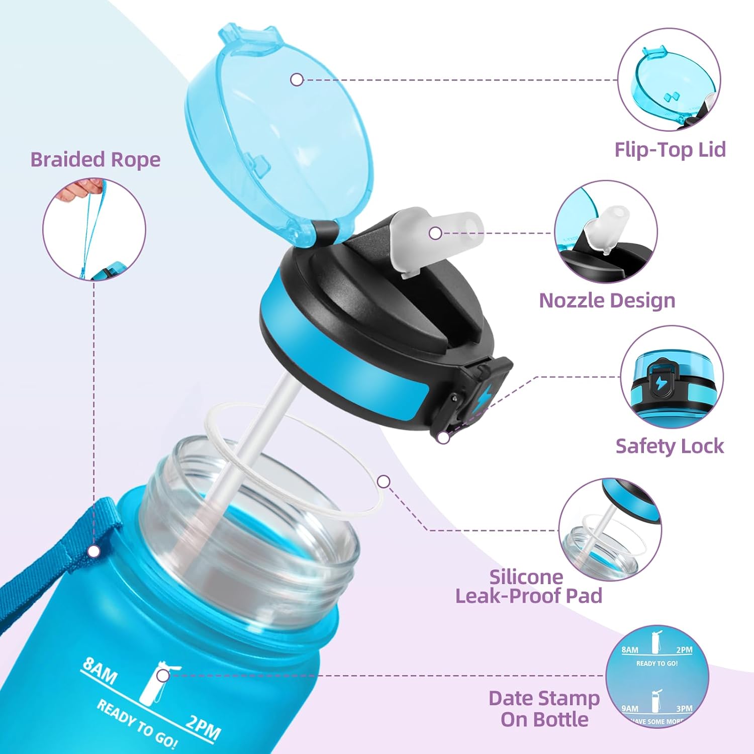 Motswedi Gourde Enfant, 500ml avec Paille, Gourde Sport, Réutilisable, Anti-Fuite, Bouteille, avec Marqueur de Temps, Bouteille d'eau, pour École, Fitness, Yoga, Sport, Bleu Violet 500 ml Bleu Violet