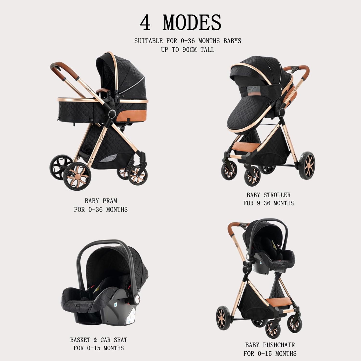 Système de voyage 3 en 1, poussette pour nouveau-né et bébé, avec coque bébé, pare-soleil réglable de 0 à 36 mois, noir/doré (V9)