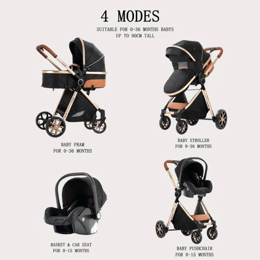 Système de voyage 3 en 1, poussette pour nouveau-né et bébé, avec coque bébé, pare-soleil réglable de 0 à 36 mois, noir/doré (V9)