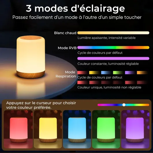 VIWAVE Lampe de Chevet Tactile, Veilleuse Bébé avec 256 Couleurs RVB & 3 Modes, Veilleuse Enfant avec Minuteur, Lampe de Table Rechargeable, Lampe de Chevet Sans Fil pour Chambre, Salon, Camping Grain de Bois 1 pièce