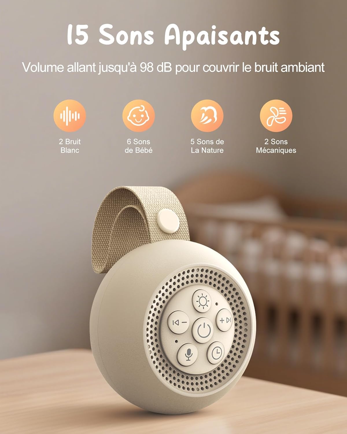 Machine à Bruit Blanc Bebe [Enregistrement Vocal], Veilleuse Musicale Bébé 15 Sons Apaisants, Minuterie & Mémoire, Portable Boite à Musique pour Sommeil Bébé & Adulte (Chambre/Bureau/Nursery)