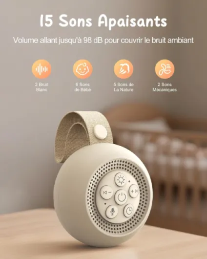 Machine à Bruit Blanc Bebe [Enregistrement Vocal], Veilleuse Musicale Bébé 15 Sons Apaisants, Minuterie & Mémoire, Portable Boite à Musique pour Sommeil Bébé & Adulte (Chambre/Bureau/Nursery)