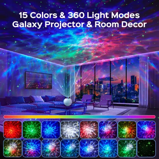 Projecteur Ciel Etoile, 15 Couleurs 360 Lumières Cadeau Saint Valentin Projecteur Galaxie Veilleuse Enfant, 15 Bruit Blanc + Bluetooth Veilleuse Adulte Lumiere LED Chambre, Nuage LED Plafond