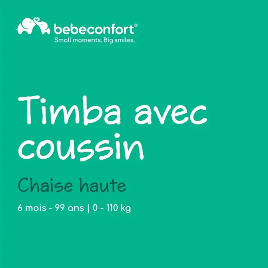 Timba + Coussin, Chaise Haute Bébé Evolutive, 6 Mois - 99 Ans, Jusqu'à 110 kg, Plateau Amovible, Assise/Repose-pieds Réglables, Compatible avec Timba Baby, Bois Naturel + Beige Timba + Coussin Bois Naturel + Beige