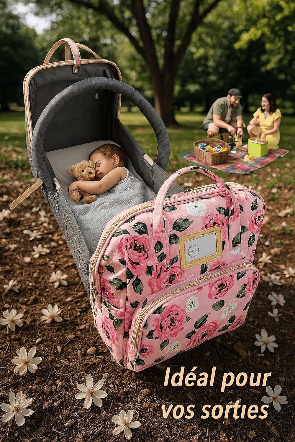 Sac à Langer Floral, Sac à Dos 2-en-1 avec Lit de Transport, 35 x 45 cm, Noir avec Roses Roses