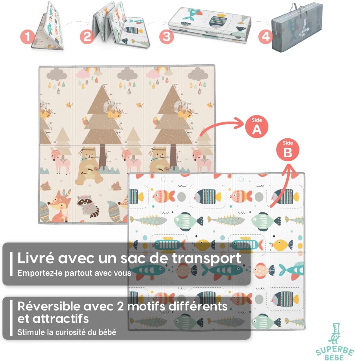 Tapis de Jeu pour Enfant Tapis de Sol XXL en Mousse Epais Pliable Reversible - Tapis d'éveil pour Bébé - Tapis de Motricité Favorisant Le Développement Sensoriel Cadeau bébé 180 x 200 x 1.5 cm Fish