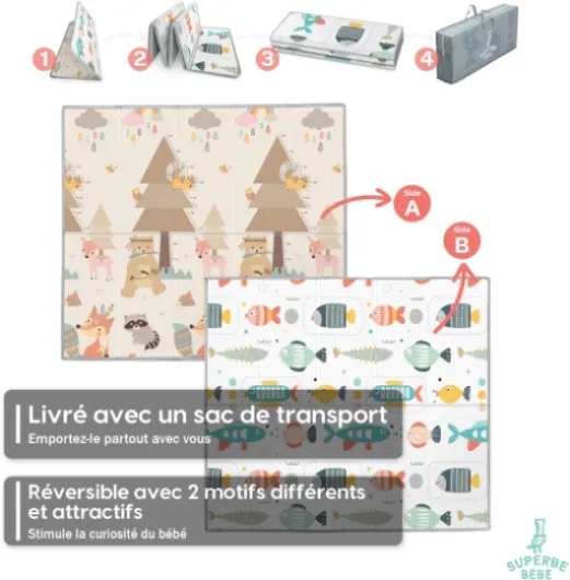 Tapis de Jeu pour Enfant Tapis de Sol XXL en Mousse Epais Pliable Reversible - Tapis d'éveil pour Bébé - Tapis de Motricité Favorisant Le Développement Sensoriel Cadeau bébé 180 x 200 x 1.5 cm Fish