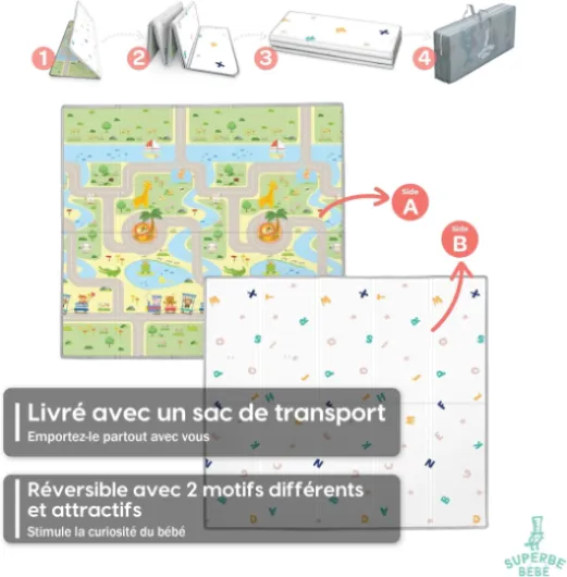 Tapis D'éveil Bébé Pliable Epais Réversible 180x200x1.5cm - Tapis De Jeu Pour Enfant Bebe, Tapis De Sol XXL En Mousse - Tapis De Motricité Favorisant Le Développement Sensoriel - Cadeau Naissance Bébé Road