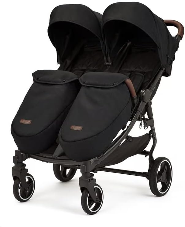 Venus Prime Poussette Double – Naissance à 15 kg (environ 3 ans), poussette double légère et pliable avec cocon pour nouveau-né, 2 chauffe-pieds matelassés et habillage pluie (Noir)