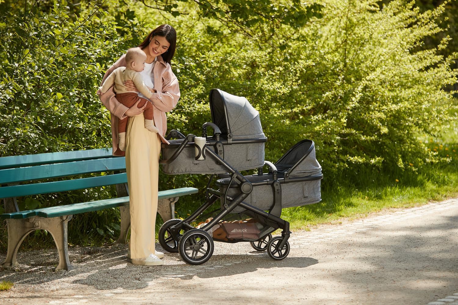 Atlantic Twin Poussette Double – Dès la Naissance jusqu’à 15 kg par Enfant – 2 Nacelles Convertibles en Sièges Inclinables – Pliable – Hauteur Réglable – Roues en Caoutchouc, Gris Chiné