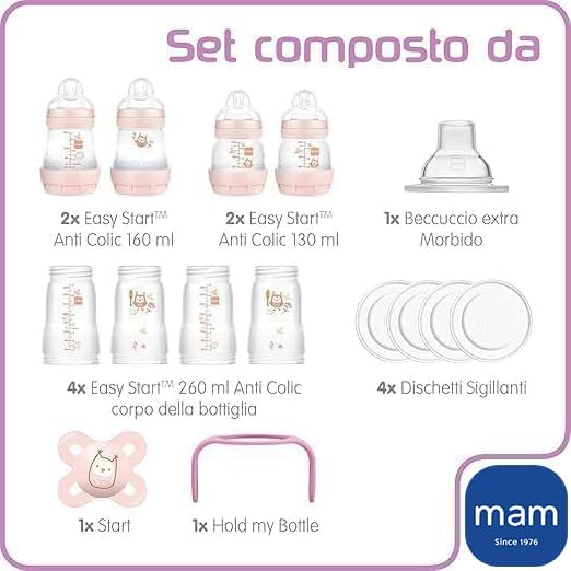 Biberon Easy Start Lot de 8 biberons en formats de 130 ml, 160 ml et 260 ml, 1 sucette de démarrage nano, 4 tampons d'étanchéité, 1 bec extra doux et poignées, couleur rose, 730 g Unique