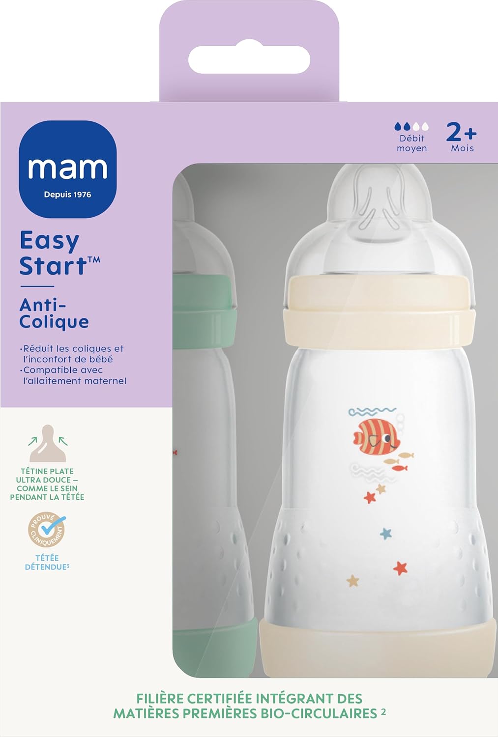 Biberon Easy Start/Anti-Colique "Classique" - 260ml - Menthe + Coton - Tétine Débit 2 - X2 NOUVEAU - Menthe + Coton