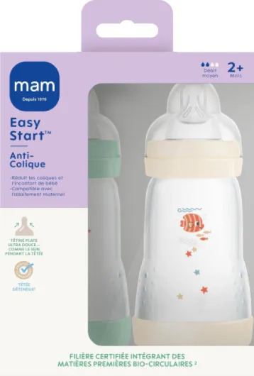 Biberon Easy Start/Anti-Colique "Classique" - 260ml - Menthe + Coton - Tétine Débit 2 - X2 NOUVEAU - Menthe + Coton